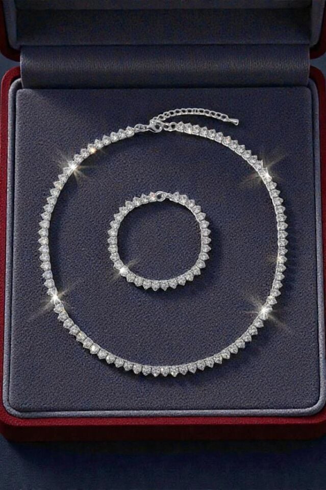 Zarif Taşlı Su Yolu Kolye ve Bileklik Seti, Düğün, Kına, Nişan Gelin Takı Seti