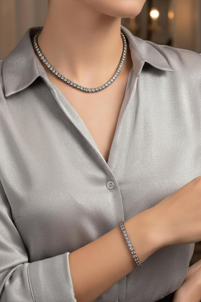 Baget Taşlı Su Yolu Kolye ve Bileklik Seti, Düğün, Kına, Nişan Gelin Takı Seti