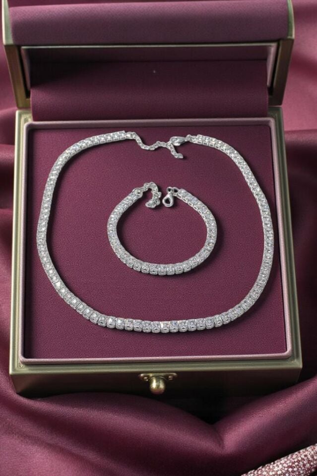 Baget Taşlı Su Yolu Kolye ve Bileklik Seti, Düğün, Kına, Nişan Gelin Takı Seti