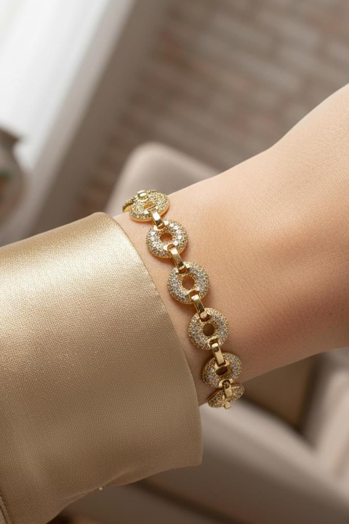 Altın Renk Taşlı Daire Detaylı Kadın Bileklik 17,5 cm + 2 cm Uzatma