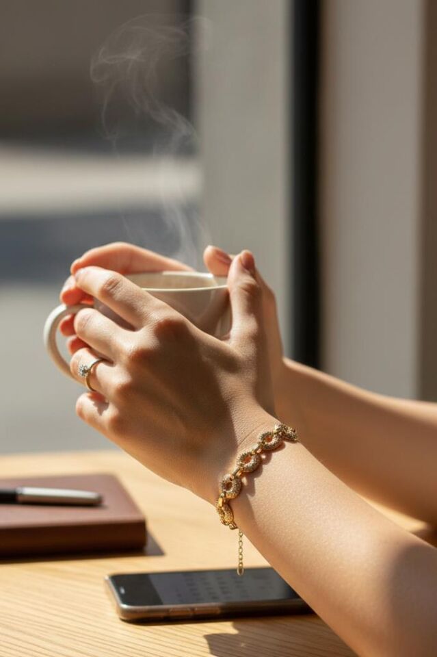 Altın Renk Taşlı Daire Detaylı Kadın Bileklik 17,5 cm + 2 cm Uzatma