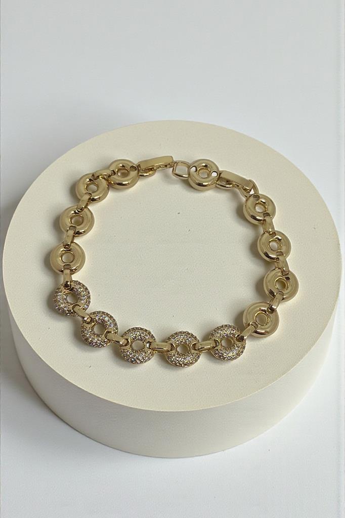 Altın Renk Taşlı Daire Detaylı Kadın Bileklik 17,5 cm + 2 cm Uzatma