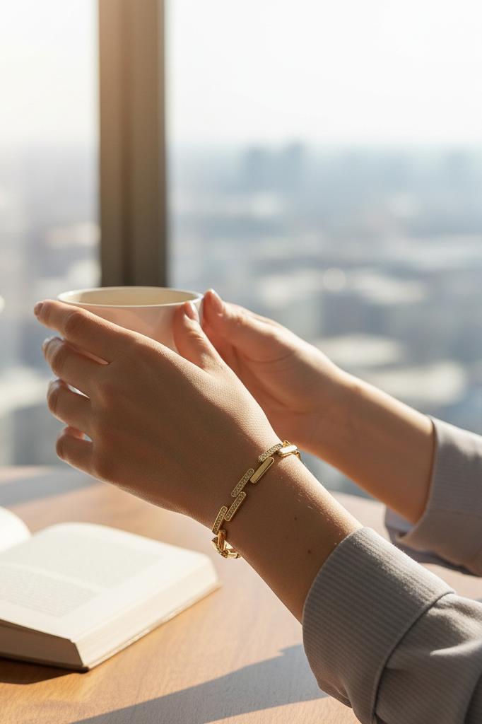 Altın Renkli Zarif Detaylı Taşlı Kadın Bileklik 17 cm + 2 cm Uzatma