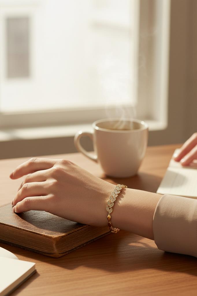 Altın Renkli Yaprak Detaylı Taşlı Kadın Bileklik 17 cm + 2 cm Uzatma