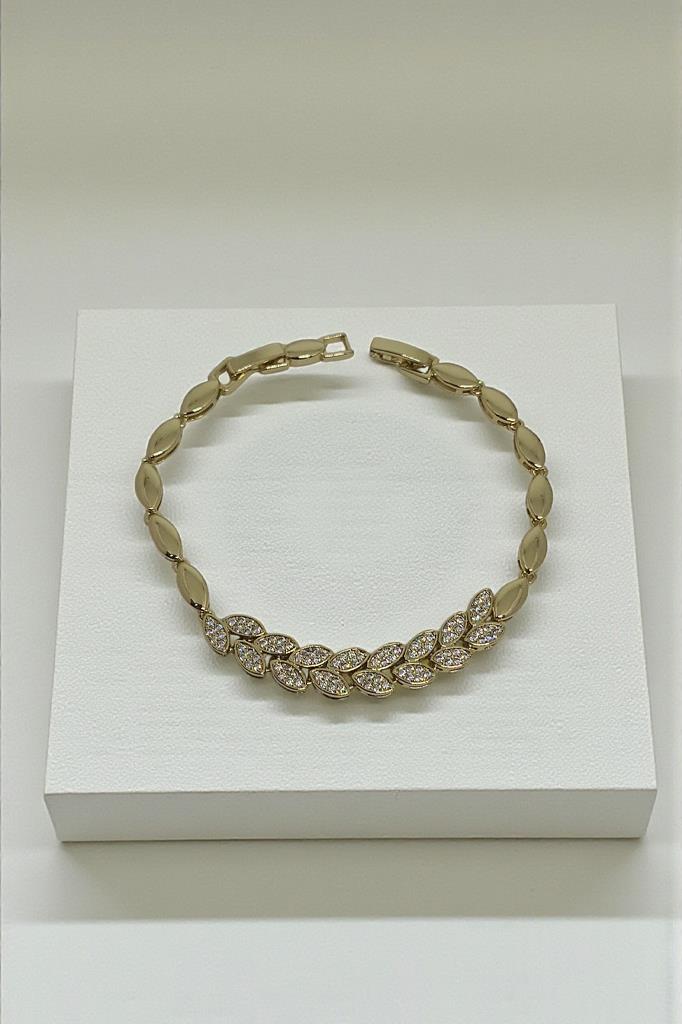Altın Renkli Yaprak Detaylı Taşlı Kadın Bileklik 17 cm + 2 cm Uzatma