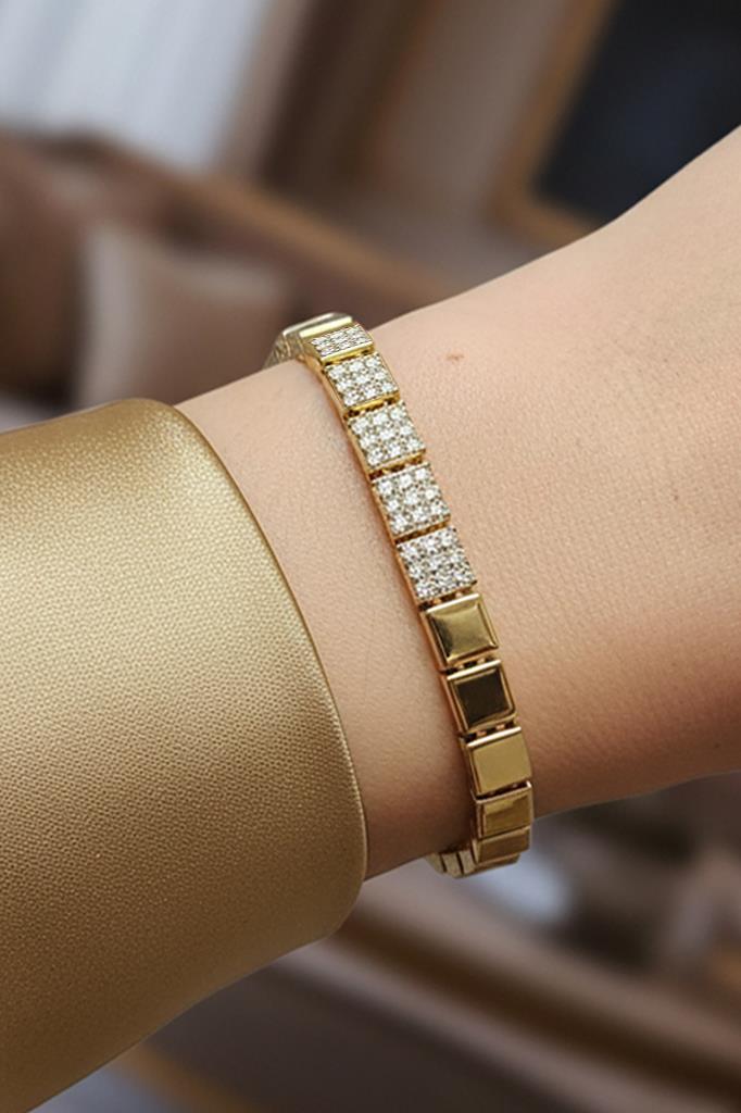 Altın Renkli Dikdörtgen Taşlı Kadın Bileklik 17 cm + 2 cm Uzatma