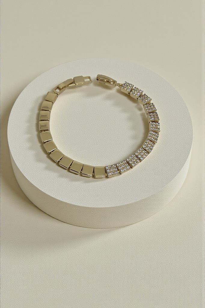 Altın Renkli Dikdörtgen Taşlı Kadın Bileklik 17 cm + 2 cm Uzatma