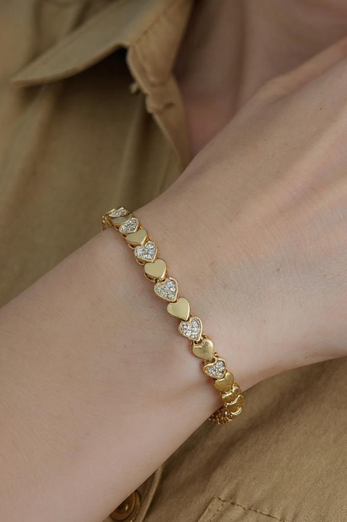 Altın Renkli Kalp Detaylı Taşlı Kadın Bileklik 17 cm + 2 cm Uzatma