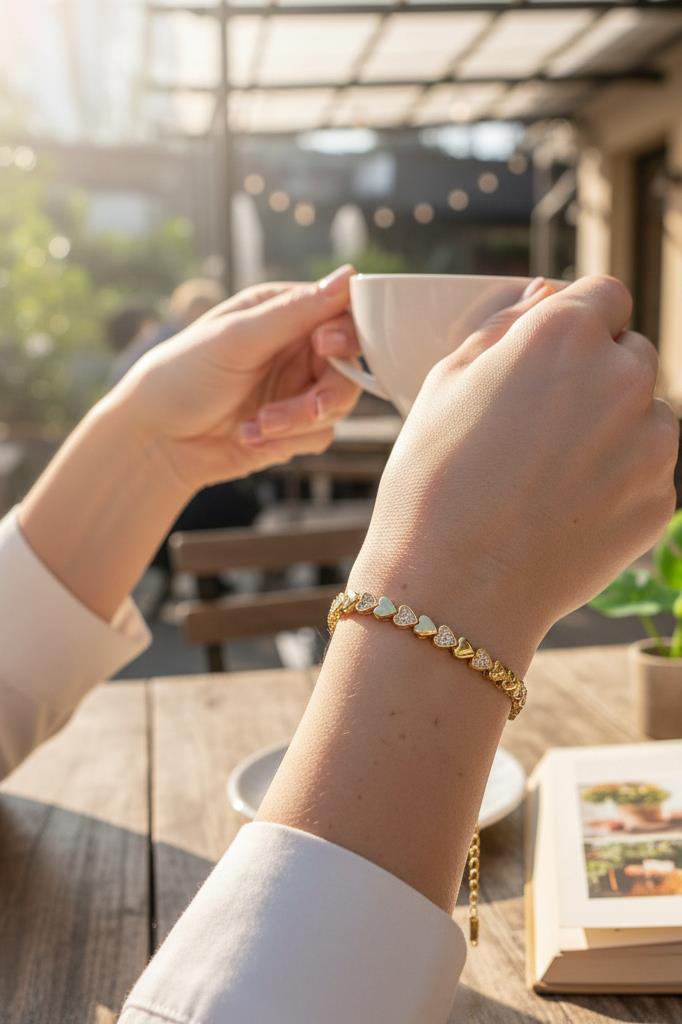 Altın Renkli Kalp Detaylı Taşlı Kadın Bileklik 17 cm + 2 cm Uzatma