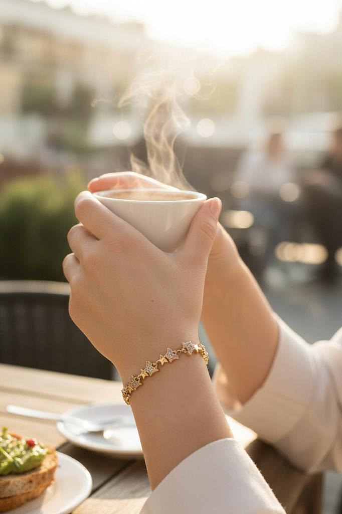 Altın Renkli Yıldız Detaylı Taşlı Kadın Bileklik 17 cm + 2 cm Uzatma