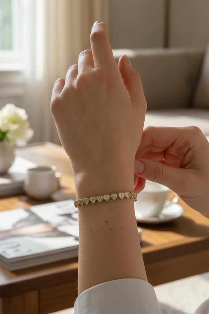 Altın Renkli Kalp Detaylı Taşlı Kadın Bileklik 17,5 cm + 2 cm Uzatma