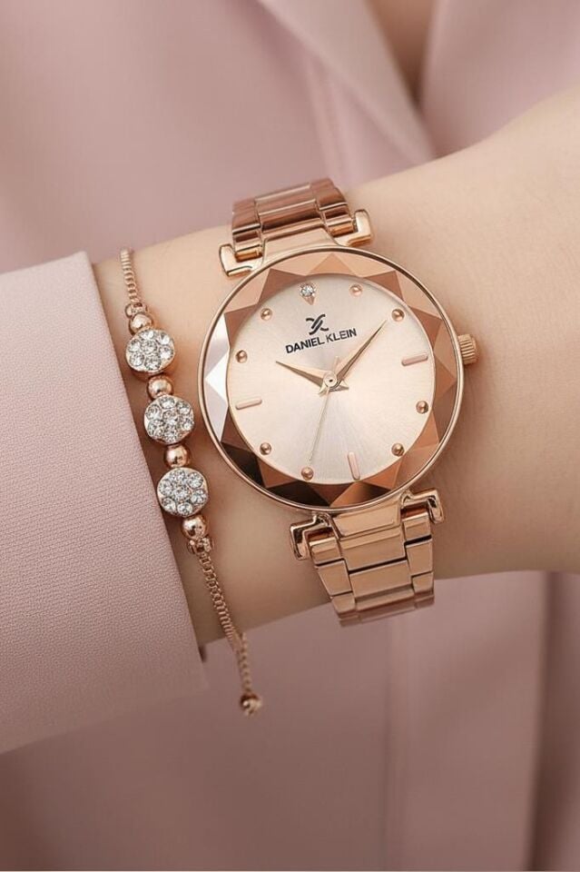 Yeni Model Kesme Camlı Çelik Bilezik Rose Gold Kadın Kol Saati + Zirkon Taşlı Bileklik