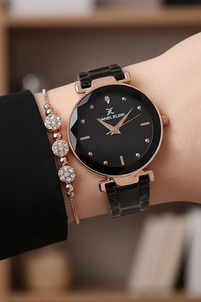 Yeni Model Kesme Camlı Siyah Kadın Kol Saati, Zirkon Taşlı Bileklik Hediyeli