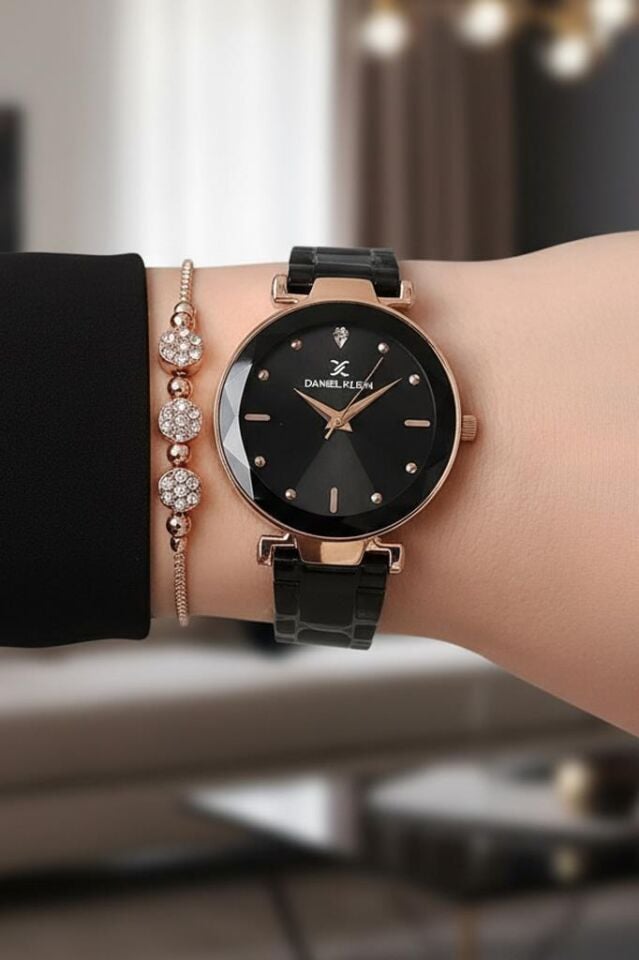 Yeni Model Kesme Camlı Siyah Kadın Kol Saati, Zirkon Taşlı Bileklik Hediyeli