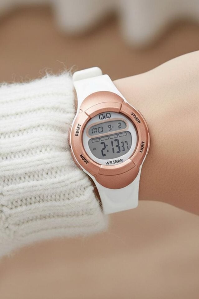 Q&Q 5-10 Yaş Alarmlı, Kronometreli, Işıklı, 100 Metre Su Geçirmez Beyaz Çocuk Kol Saati