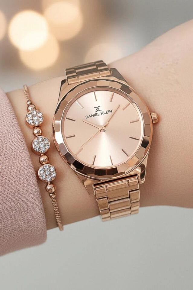 Kesme Camlı Rose Gold Kadın Kol Saati + Zirkon Taşlı Bileklik Seti