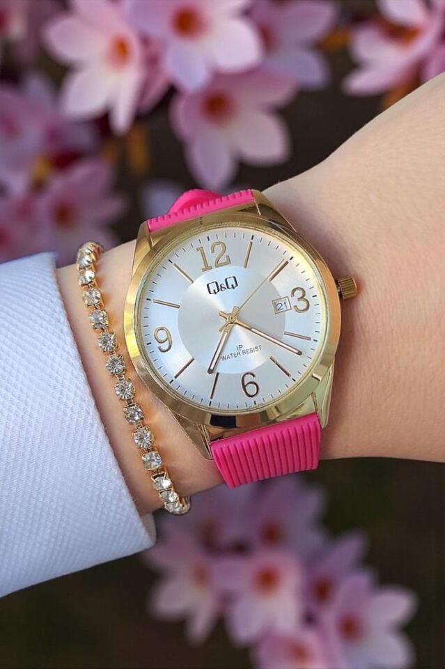 Q&Q Takvimli Pembe Kadın Kol Saati + Bileklik Seti
