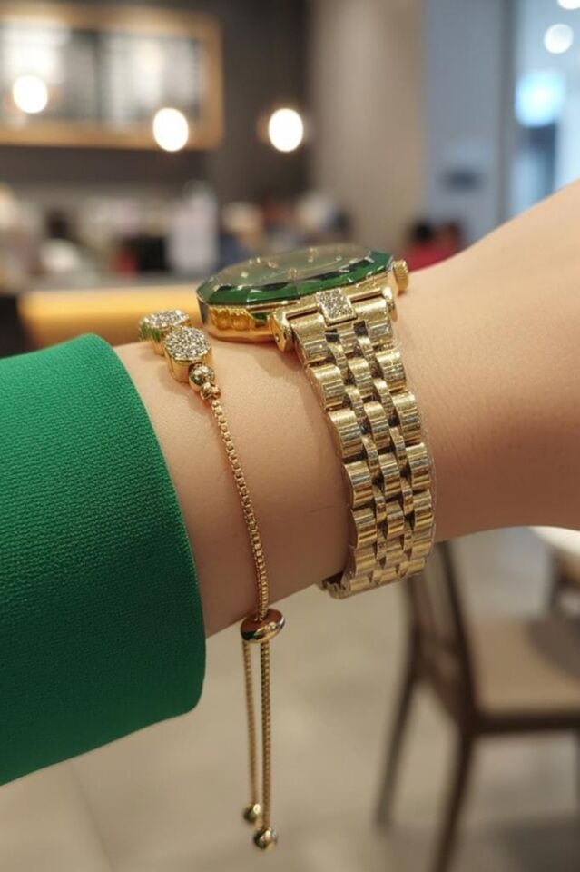 Yeni Model Kesme Camlı Çelik Bilezik Altın Sarısı Yeşil Kadran Kadın Kol Saati Taşlı Bileklik Hediye