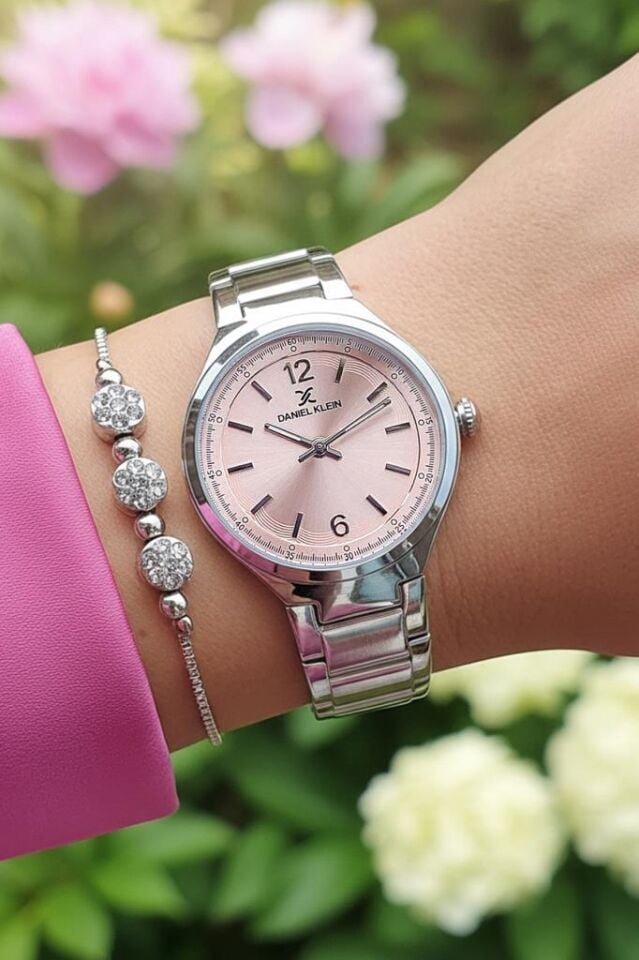Daniel Klein Çelik Bilezik Pembe Kadranlı Kadın Kol Saati, Taşlı Bileklik Hediyeli