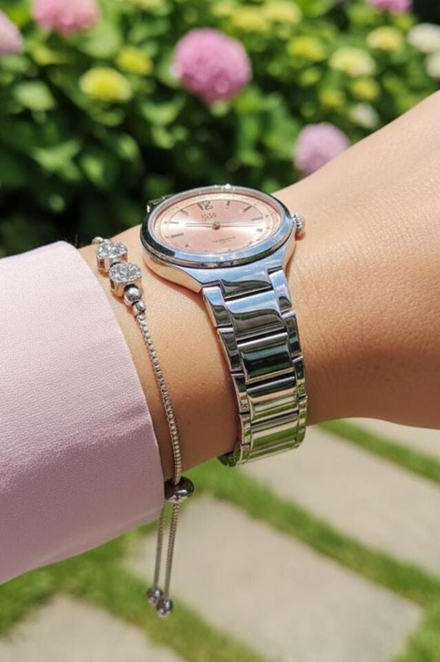 Daniel Klein Çelik Bilezik Pembe Kadranlı Kadın Kol Saati, Taşlı Bileklik Hediyeli