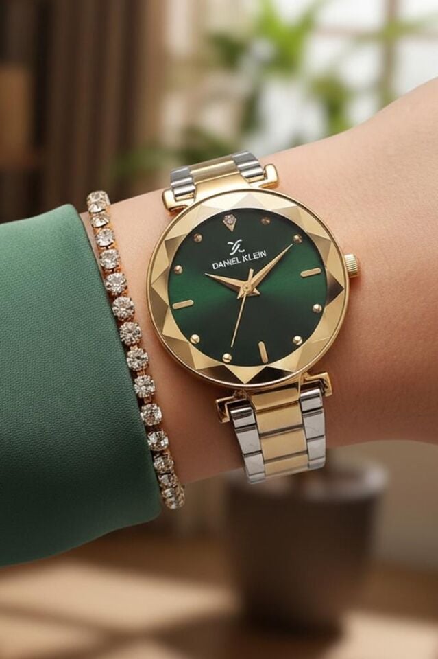 Yeni Model Altın/Metalik Yeşil Kadranlı Kesme Camlı Kadın Kol Saati, Taşlı Bileklik Hediyeli
