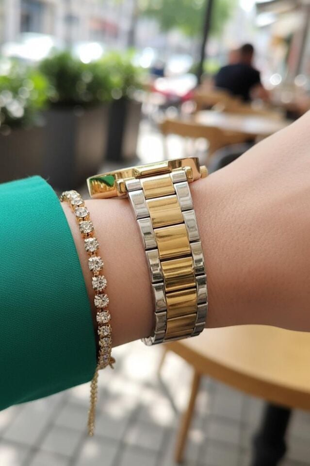 Yeni Model Altın/Metalik Yeşil Kadranlı Kesme Camlı Kadın Kol Saati, Taşlı Bileklik Hediyeli
