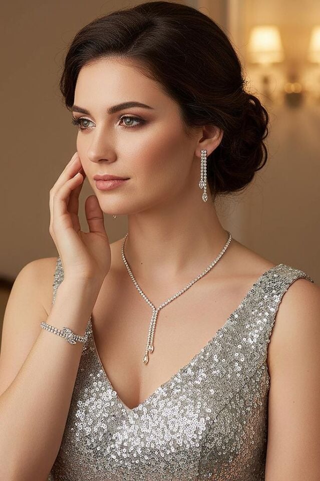 Damla Taşlı 3'lü Su Yolu Kolye, Küpe ve Bileklik Seti - Düğün, Kına, Nişan Gelin Takı Seti