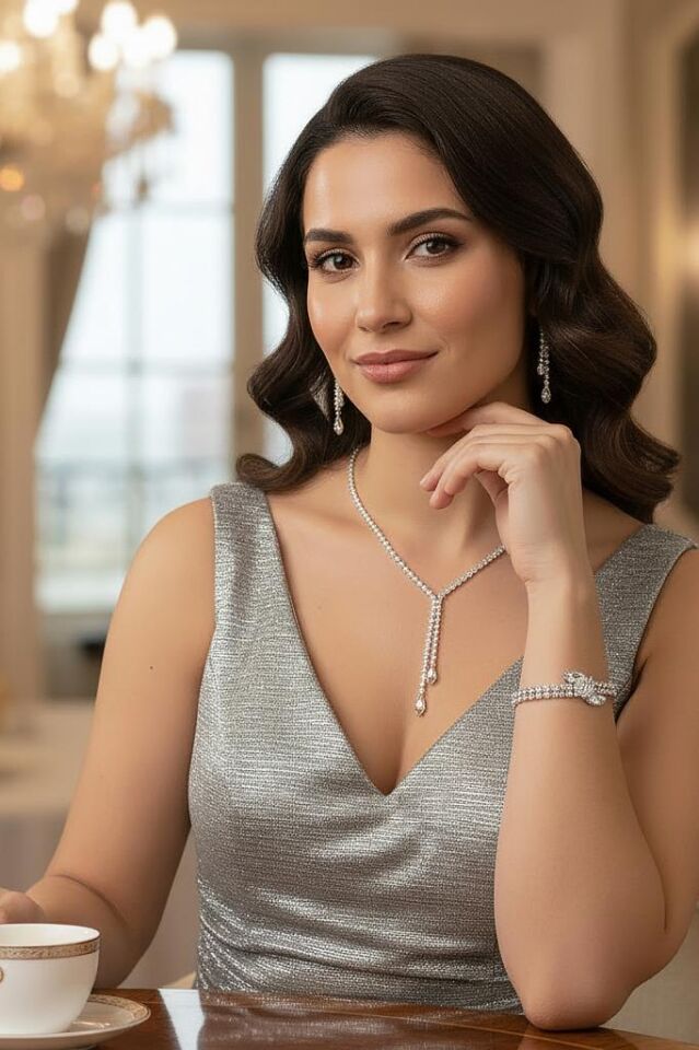 Damla Taşlı 3'lü Su Yolu Kolye, Küpe ve Bileklik Seti - Düğün, Kına, Nişan Gelin Takı Seti