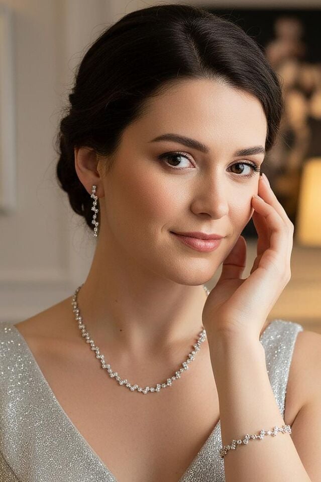 Zigzag Ajda Model 3’lü Kolye, Küpe ve Bileklik Seti - Düğün, Kına, Nişan Gelin Takı Seti