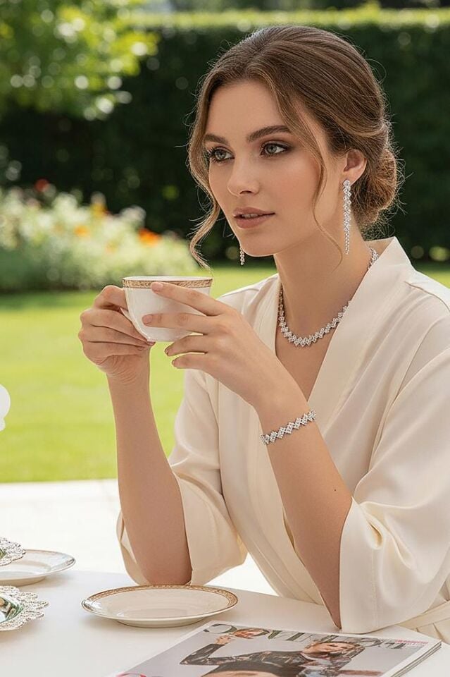 Çapraz Dizim Zirkon Taşlı 3’lü Kolye, Küpe ve Bileklik Seti - Düğün, Kına, Nişan Gelin Takı Seti