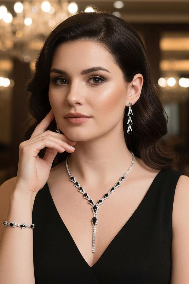 Siyah Damla Taşlı Taşlı 3’lü Kolye, Küpe ve Bileklik Seti - Düğün, Kına, Nişan Gelin Takı Seti