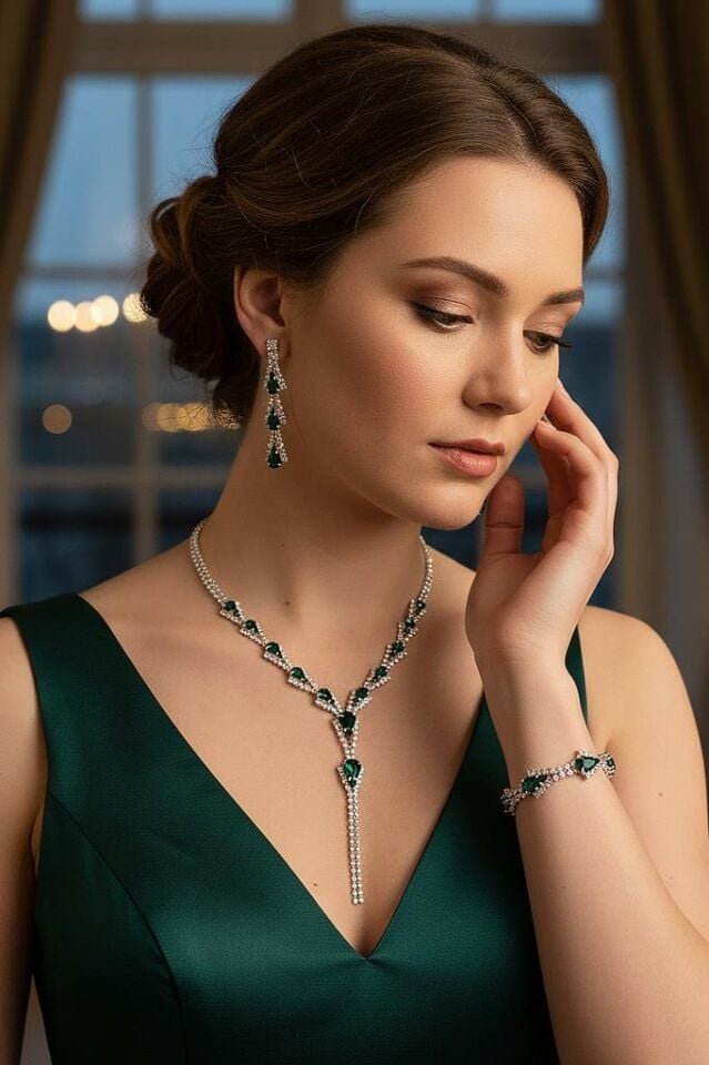 Yeşil Damla Taşlı Taşlı 3’lü Kolye, Küpe ve Bileklik Seti - Düğün, Kına, Nişan Gelin Takı Seti