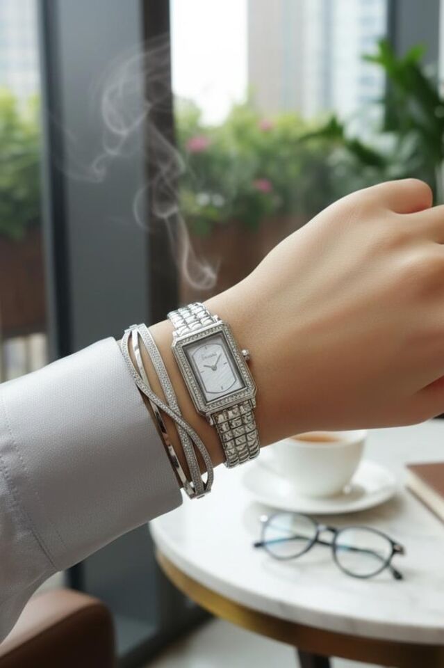 Sevgililer Gününe Özel Ahşap Kutulu Metalik Kadın Kol Saati Bileklik Seti