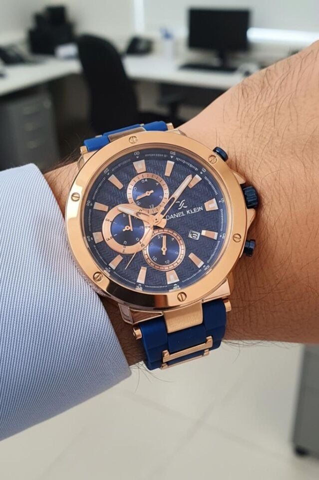 Daniel Klein Mavi Silikon Kayışlı Rose Gold Kasa Takvimli Erkek Kol Saati