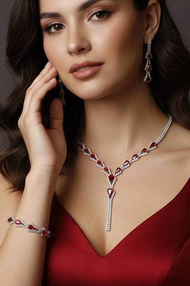 Kırmızı Damla Taşlı Taşlı 3’lü Kolye, Küpe ve Bileklik Seti - Düğün, Kına, Nişan Gelin Takı Seti