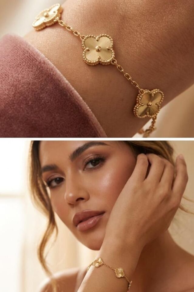 14K VIP Çiçek Detaylı Kadın Bileklik – 17+5 cm Ayarlanabilir Zincirli Şık Bileklik