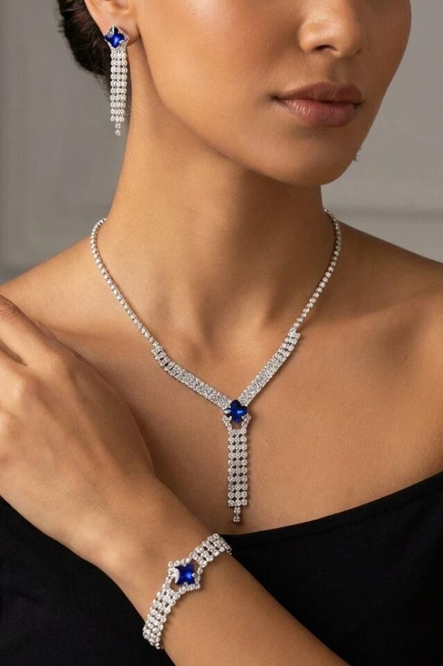 Mavi Kare Taşlı Su Yolu 3’lü Kolye, Küpe ve Bileklik Takı Seti - Düğün, Kına, Nişan Gelin Takı Seti