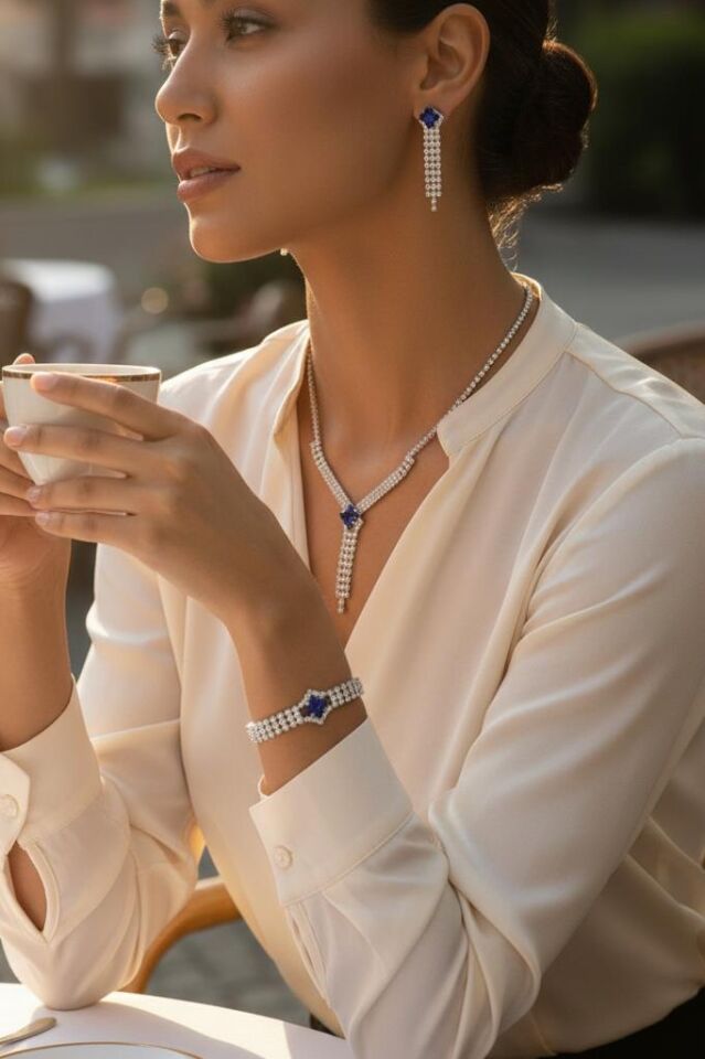 Mavi Kare Taşlı Su Yolu 3’lü Kolye, Küpe ve Bileklik Takı Seti - Düğün, Kına, Nişan Gelin Takı Seti