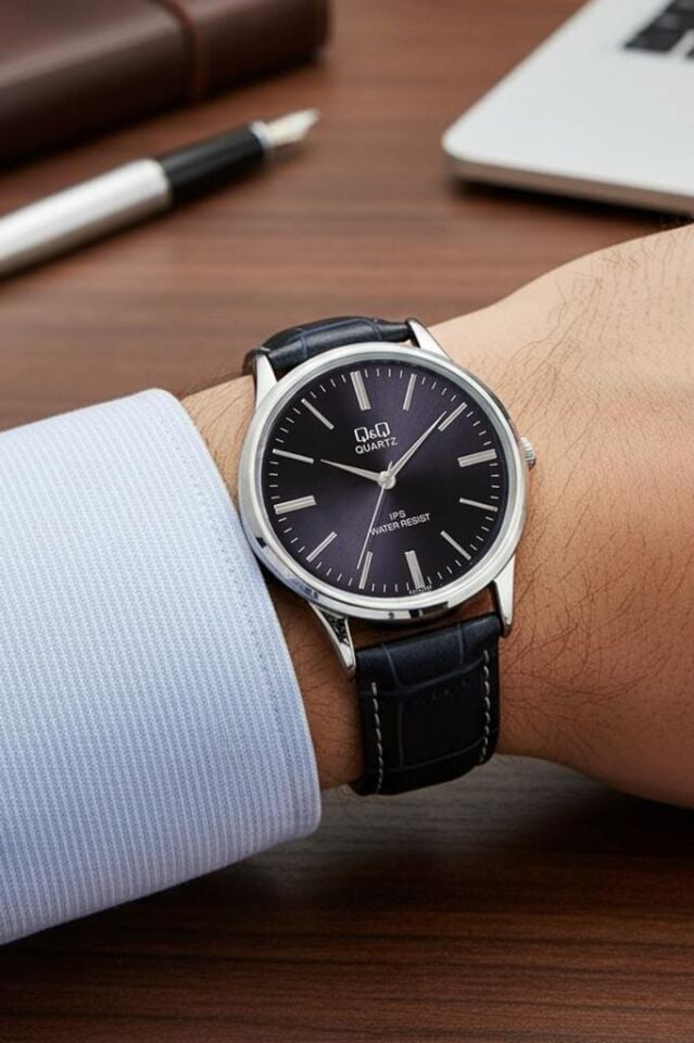 Quartz 40 mm Lacivert Kadran Deri Kayışlı Erkek Kol Saati – Klasik Model