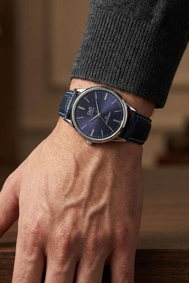 Quartz 40 mm Lacivert Kadran Deri Kayışlı Erkek Kol Saati – Klasik Model