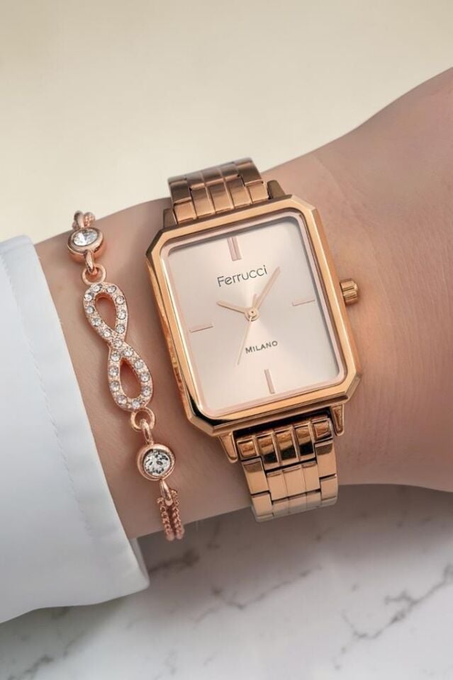 Bileklik Hediyeli Rose Gold Kadın Kol Saati 26 mm Dikdörtgen Kasa Çelik Kordon 2 Yıl Garantili