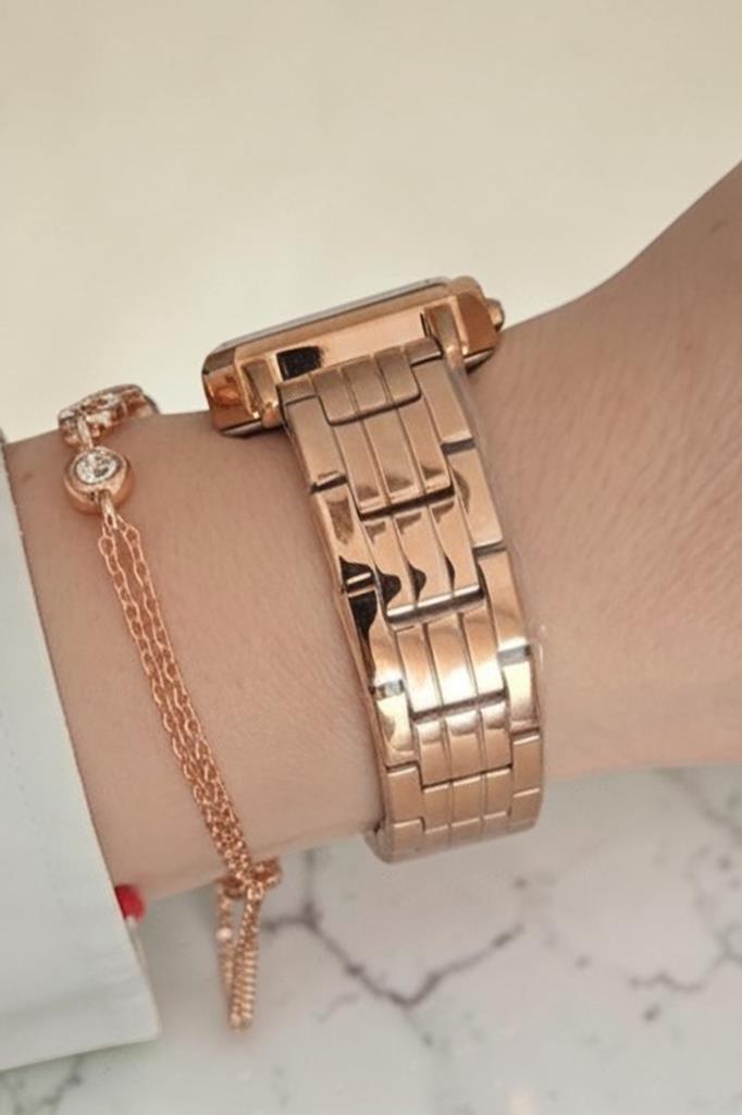 Bileklik Hediyeli Rose Gold Kadın Kol Saati 26 mm Dikdörtgen Kasa Çelik Kordon 2 Yıl Garantili