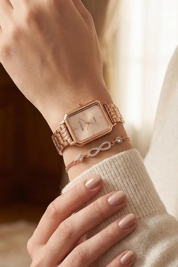 Bileklik Hediyeli Rose Gold Kadın Kol Saati 26 mm Dikdörtgen Kasa Çelik Kordon 2 Yıl Garantili