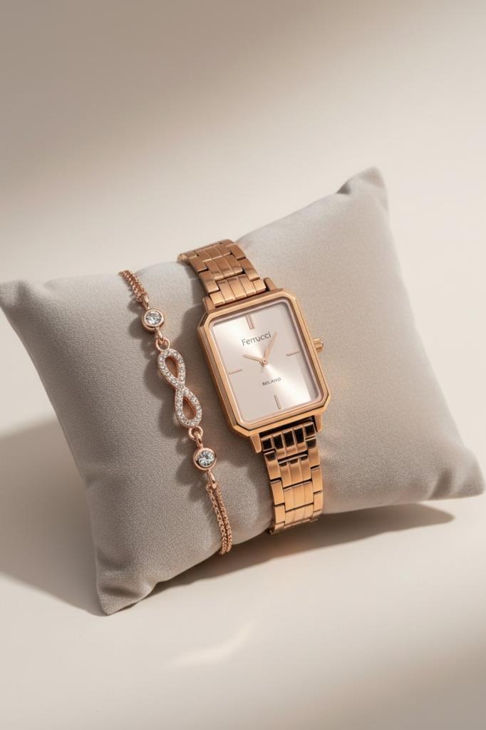 Bileklik Hediyeli Rose Gold Kadın Kol Saati 26 mm Dikdörtgen Kasa Çelik Kordon 2 Yıl Garantili