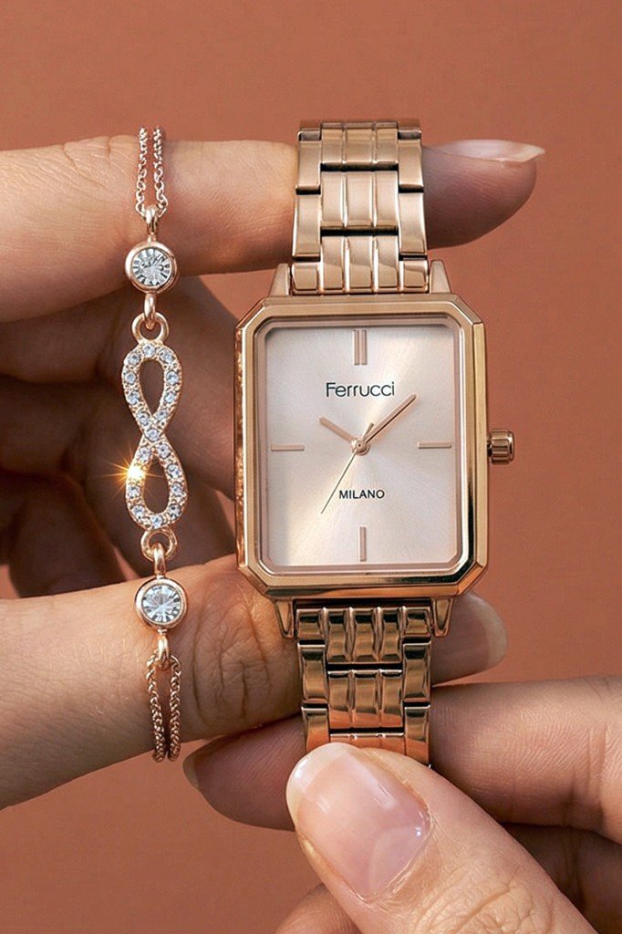 Bileklik Hediyeli Rose Gold Kadın Kol Saati 26 mm Dikdörtgen Kasa Çelik Kordon 2 Yıl Garantili