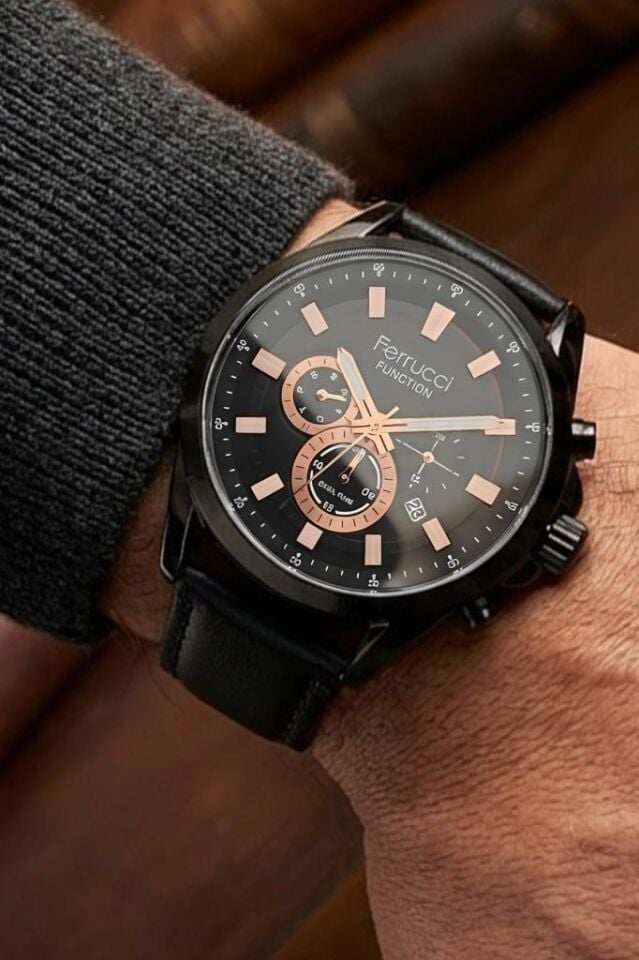 Tüm Fonksiyonları Aktif Takvimli Siyah Deri Kayışlı Erkek Kol Saati 3ATM Su Geçirmez 2 Yıl Garantili