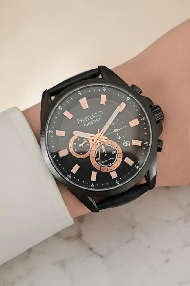 Tüm Fonksiyonları Aktif Takvimli Siyah Deri Kayışlı Erkek Kol Saati 3ATM Su Geçirmez 2 Yıl Garantili