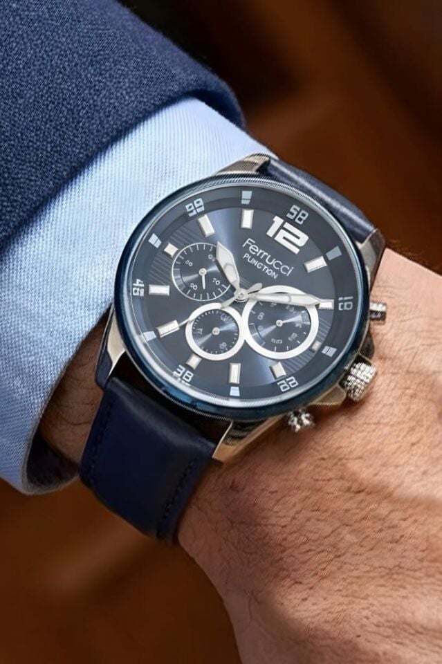 Tüm Fonksiyonları Aktif Takvimli Lacivert Deri Kayışlı Erkek Kol Saati 3ATM Su Geçirmez 2Yıl Garanti