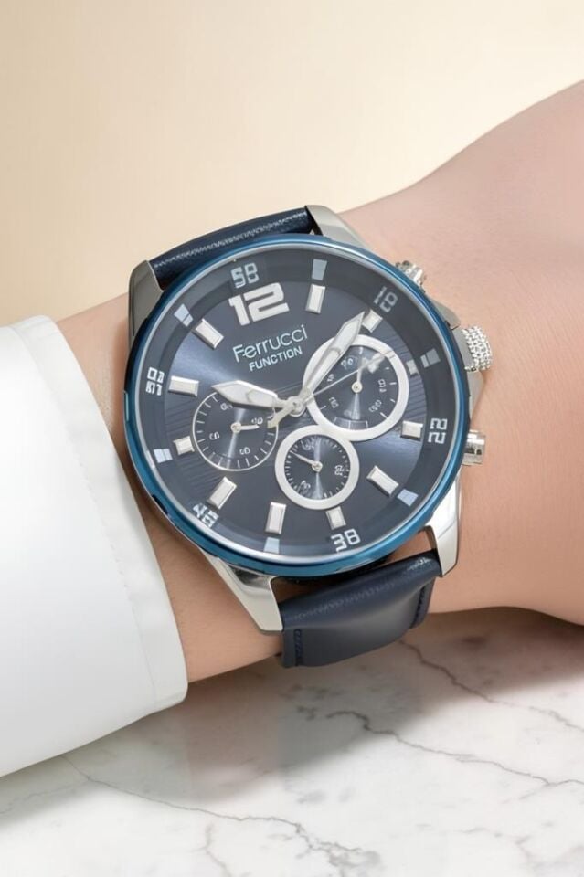 Tüm Fonksiyonları Aktif Takvimli Lacivert Deri Kayışlı Erkek Kol Saati 3ATM Su Geçirmez 2Yıl Garanti