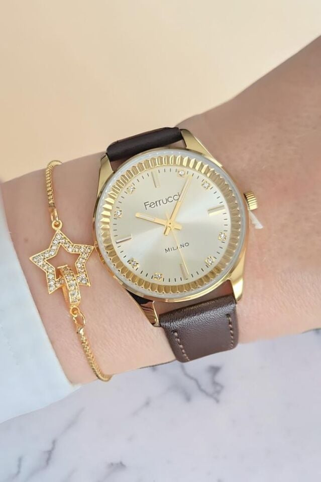 Bileklik Hediyeli Kahverengi Deri Kayışlı Kadın Kol Saati 30 mm 3 ATM Su Geçirmez 2 Yıl Garantili